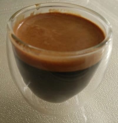 Espresso shot in Bodum glass cup 1